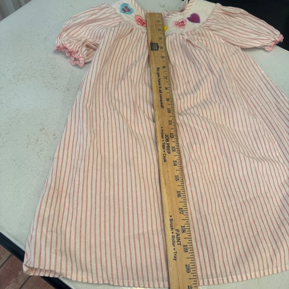 Smocked Dress Girls Size 5 Pink White Striped Embroidered Hearts Valentine